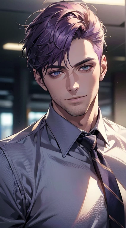 (best quality,4k,8k,highres,masterpiece:1.2),ultra-detailed,(realistic,photorealistic,photo-realistic:1.37),1 man,31 years old,mature man,very handsome,without expression,smile,short purple hair,blue eyes,penetrating gaze,perfect face without errors,imposing posture,businessman,office background,cinematic lighting,hdr image