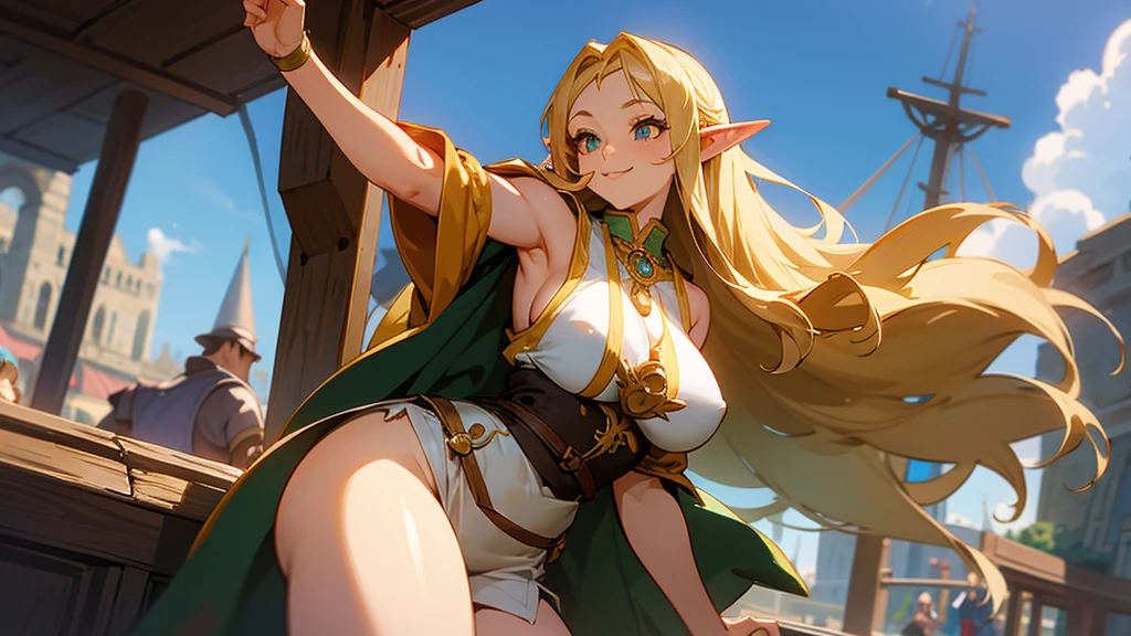 Anime Style,Nostalgic,Detailed background,The medieval world,A bustling ship with many people,Smiling bard beautiful elf girl,Large ,Healthy thighs,Underarm