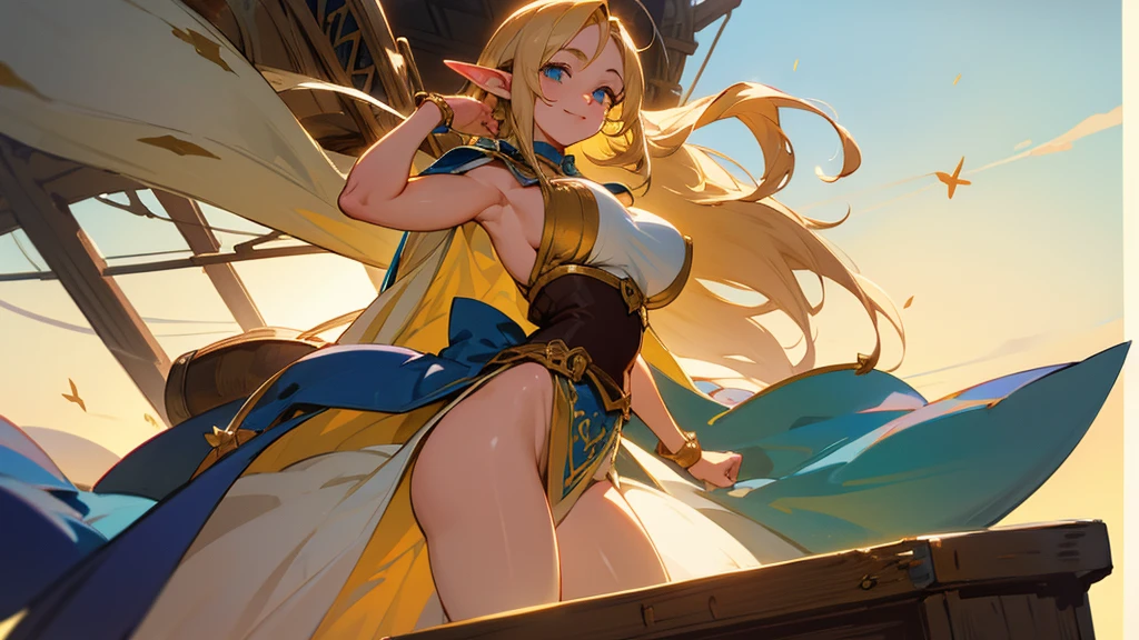 Anime Style,Nostalgic,Detailed background,The medieval world,A bustling ship with many people,Smiling bard beautiful elf girl,Large Breasts,Healthy thighs,Underarm