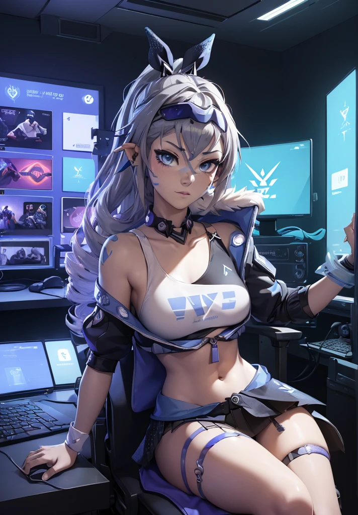 (((((7 avatar shot)))), Silver Wolf, Masterpiece, Best Quality, Ultra Detailed, Extremely Detailed 16k CG Wallpaper, Beautiful Face, (Silver Wolf in Esports Room), (Perfect Beautiful Curved Figure), Seated, Rainbow Color Jewel Eyes, Wearing Resin Hologram Sports Bra, Crop Top Drape, Mini Pleated Skirt, Bell Collar, Logo, Impotence, Contour Light, Concert, Neon Sign, Audio, Bell Collar, Esports Headset, Computer, Esports Room, Play Games, White Interior Through Red Skin, holographic projection, flat sphere, graffiti logo, highly detailed tattoo_, Authoring information