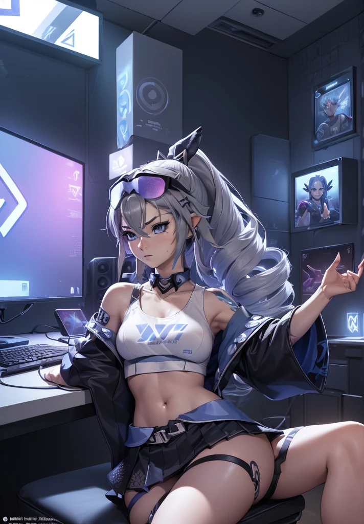 (((((7 avatar shot)))), Silver Wolf, Masterpiece, Best Quality, Ultra Detailed, Extremely Detailed 16k CG Wallpaper, Beautiful Face, (Silver Wolf in Esports Room), (Perfect Beautiful Curved Figure), Seated, Rainbow Color Jewel Eyes, Wearing Resin Hologram Sports Bra, Crop Top Drape, Mini Pleated Skirt, Bell Collar, Logo, Impotence, Contour Light, Concert, Neon Sign, Audio, Bell Collar, Esports Headset, Computer, Esports Room, Play Games, White Interior Through Red Skin, holographic projection, flat sphere, graffiti logo, highly detailed tattoo_, Authoring information