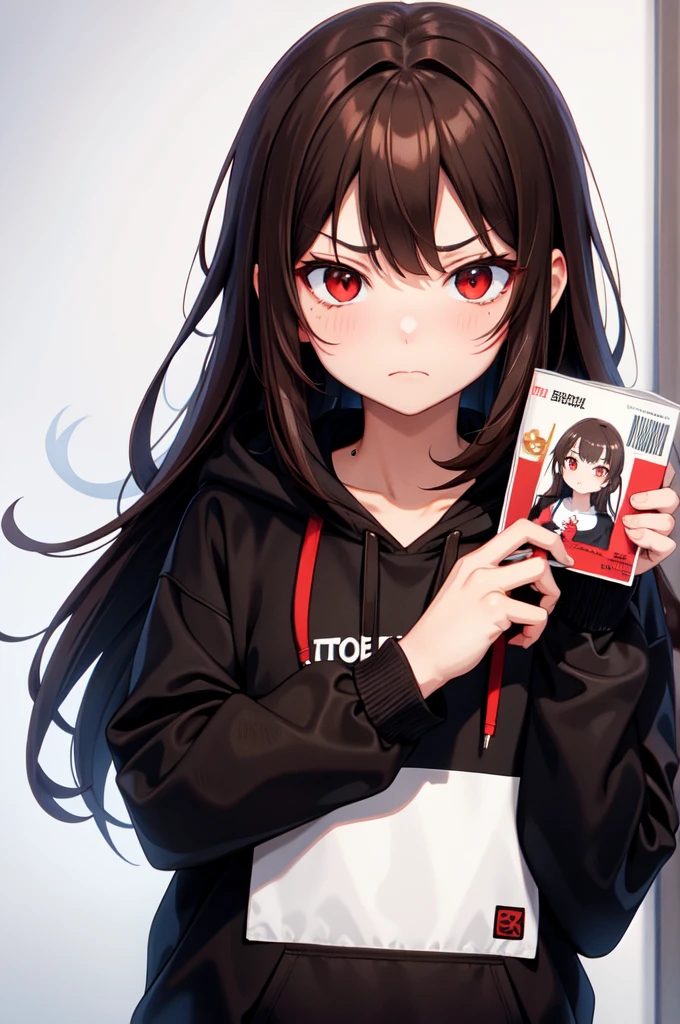 Brown hair. Anime girl. Red eye. Frowning. Black hoodie