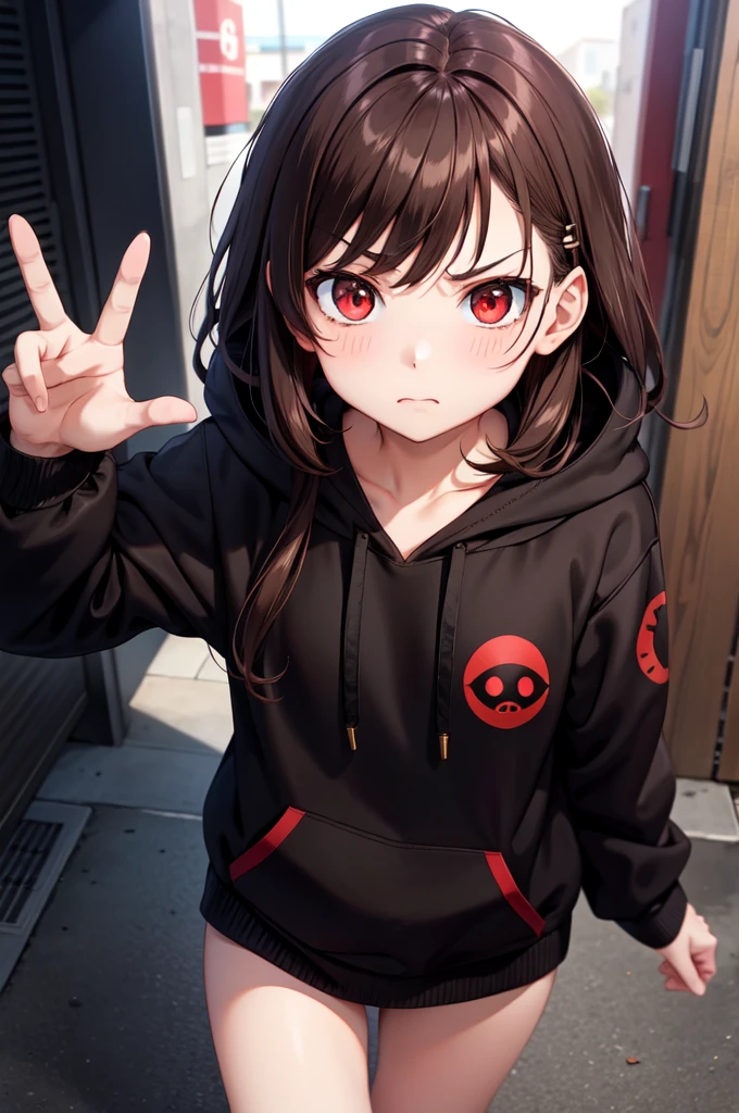 Brown hair. Anime girl. Red eye. Frowning. Black hoodie