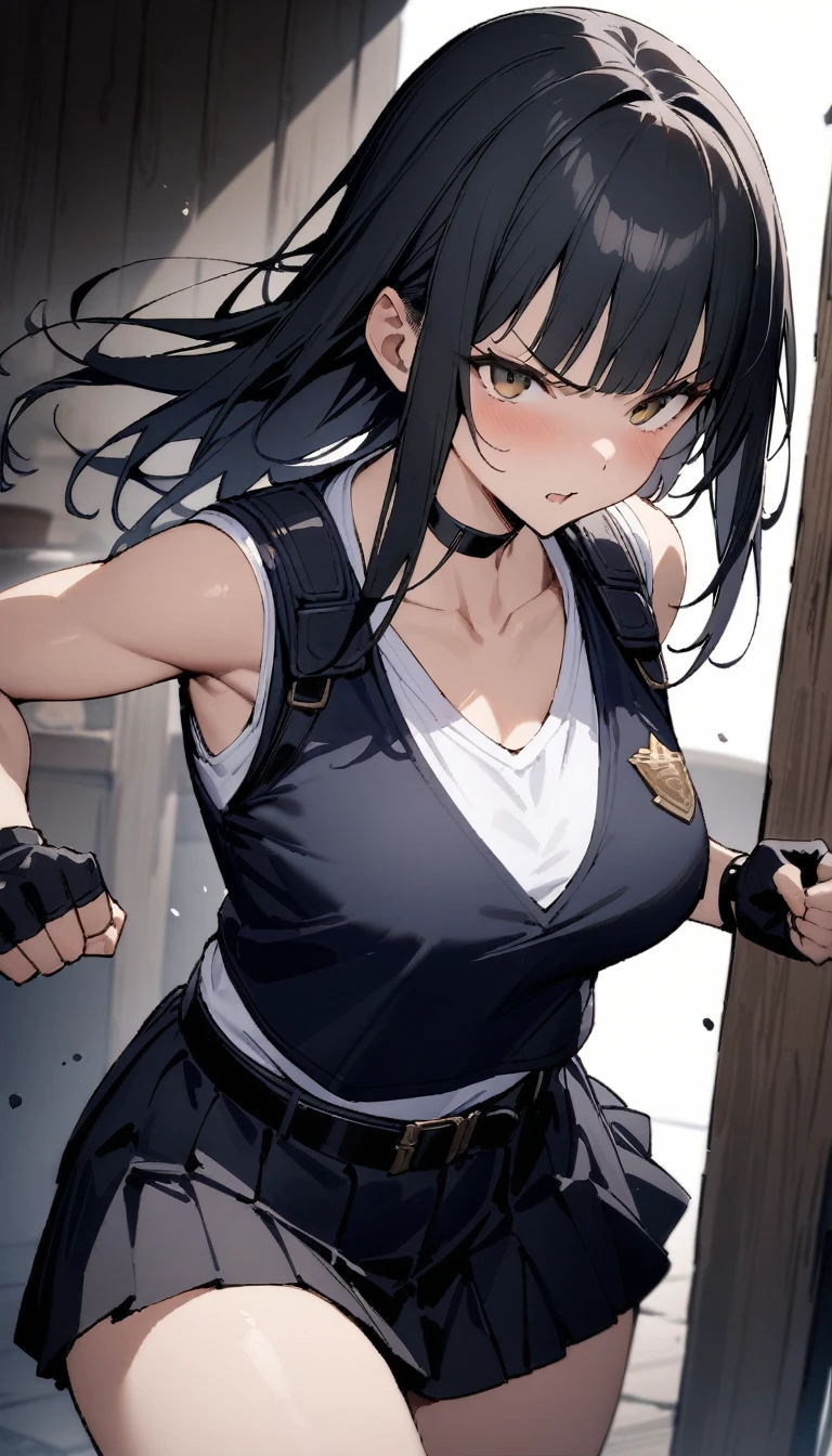 ((Highest quality)), ((masterpiece)), (detailed),cowboy shot , Rin々Policewoman small breasts Mature Woman, ((A black sleeveless police vest layered over a white sleeveless U-neck T-shirt)), Black choker,((clavicle))、Black long hair Blunt bangs black pleated mini skirt black fingerless gloves V-shaped eyebrows Combat Stance Black Belt Clenched fist Old tavern