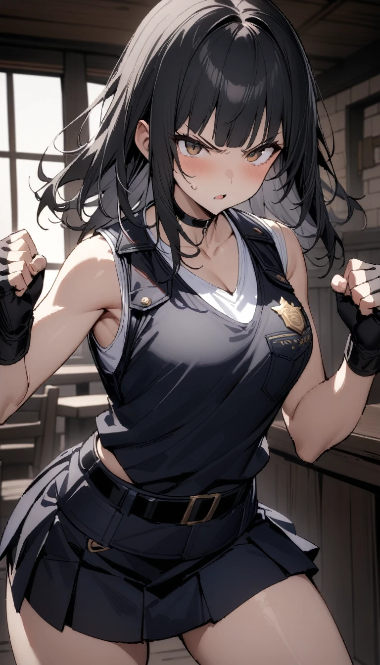 ((Highest quality)), ((masterpiece)), (detailed),cowboy shot , Rin々Policewoman small breasts Mature Woman, ((A black sleeveless police vest layered over a white sleeveless U-neck T-shirt)), Black choker,((clavicle))、Black long hair Blunt bangs black pleated mini skirt black fingerless gloves V-shaped eyebrows Combat Stance Black Belt Clenched fist Old tavern