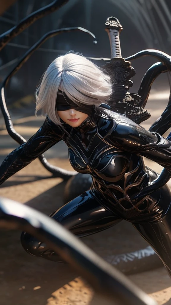 Epic CG masterpiece, hdr,DTM, full ha,8K, ultra detailed graphic tension, dynamic poses, stunning colors, 3D rendering, Surrealism, cinematic lighting effects, Realism, 00 renderer, super realistic, Super view, super wide Angle, HD
blury background,automata inspired、Nier Automata Characters、Nier Automata Cosplay、(High Resolution、4K、highest quality) Inspired by Nier、A girl in a black outfit holding a sword: Automata。Girls、((Both eyes are completely covered with a black blindfold.))、Delicate and beautiful silvery white short hair、Beautiful detailed lips、And has a highly detailed face with fine skin texture。,symbiote,The girl&#39;s black outfit is made of shiny leather material.、Gives a stylish and futuristic look。In his hand he holds a silver sword、Reflecting sunlight。The blade is intricately engraved、The craftsmanship shines through。Girl&#39;s hair blowing in the wind、Adds dynamic movement to the scene。The overall image is realistic and photorealistic.、Sharp focus and vibrant colors、Enhances visual impact。This artwork is from Nier : It captures the essence of Automata.、It pays tribute to the iconic character 2b.。,
depth of field,An ultrarealistic full body photo of woman in fighting venom symbiote, black venom symbiote tentacles, laying deep in dark black liquid , evil smile, evil glowing eyes, hyper realistic, 8K,
1gir, solo,lips, (shiny skin:1.5)skin tight,grey eyes,
spider web print,
