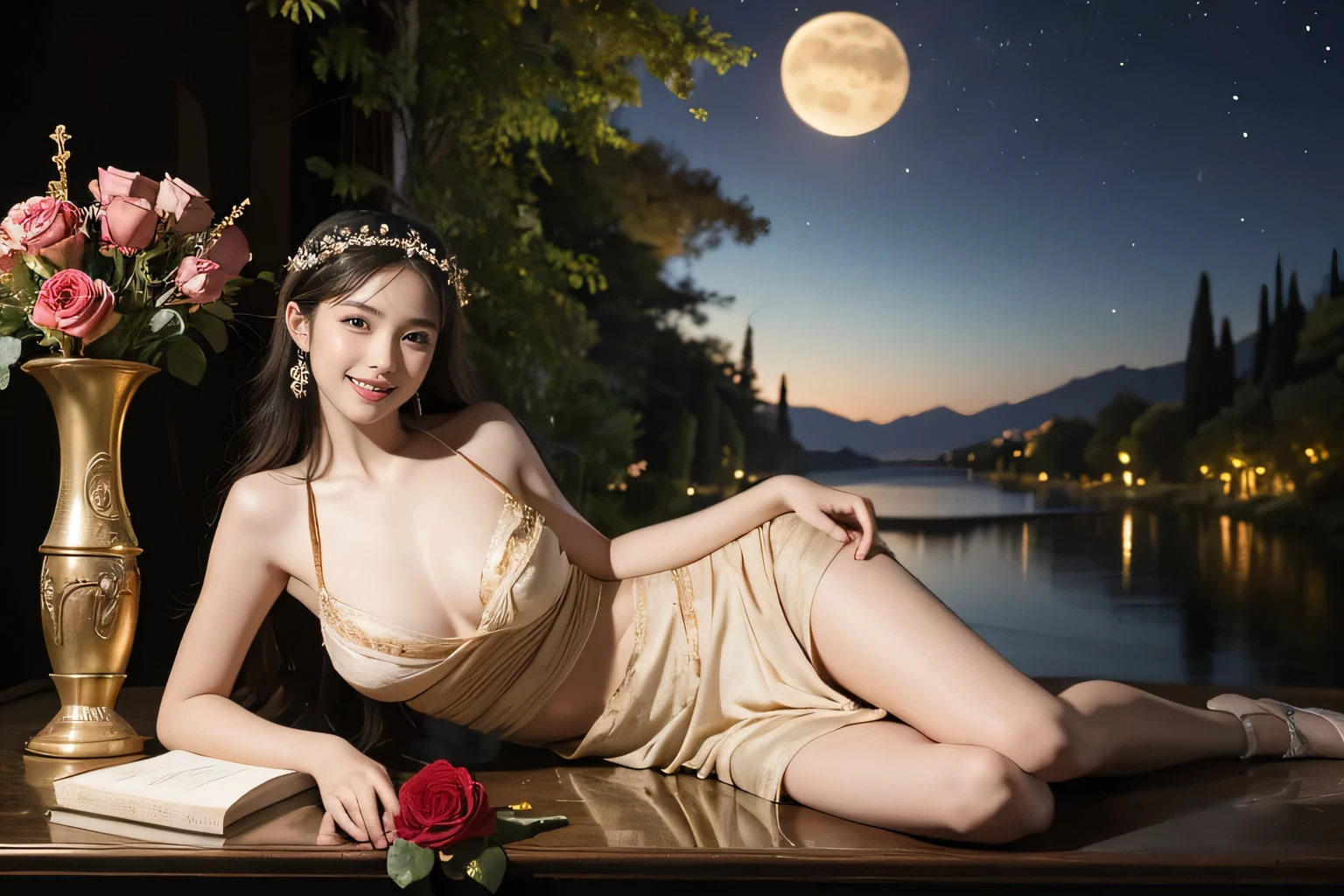 Giorgione painting style,Arguments of two female Philosophe,math、astronomical machine、astronaut、roses in vase、fruits、Cute trinkets、smile、ancient greek costume、Background is a forest lake at night 、Clothes that stretch your shoulders、A big smile、beautiful bare skin、A detailed representation of the seducing woman throughout her body.sexy,erotic smile