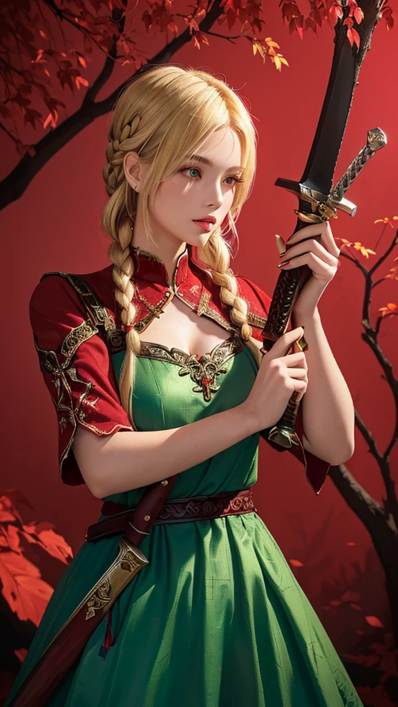 a close up of a blonde woman holding a wooden living sword and a red background, deep bleeding decaying colors!, in a green tree leaves short dress, princess braids haired women