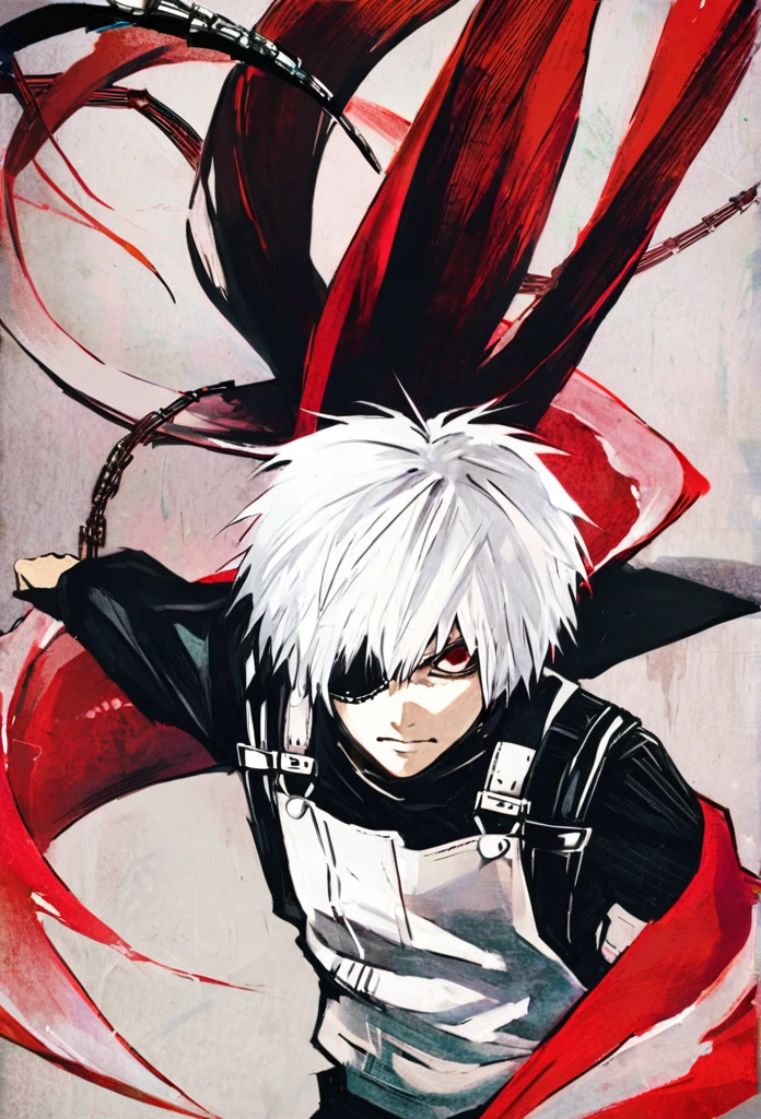 ```
ken kaneki, Tokyo Ghoul, white hair, black outfit, eyepatch, half-ghoul, serious expression, red kakugan eye, kagune tentacles, detailed face, high quality、Overall view、Uplifting、Cold-like sensation、Acrobatic
```