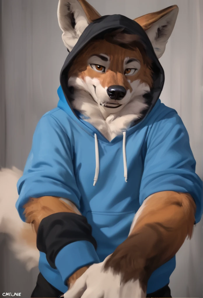 arafed wolf wearing a blue hoodie and a black hat, in a hoodie, thick furry neck and chest fluff, commission for high res, wearing a hoody, wearing a hoodie, wearing a blue hoodie, furry wolf, furry chest, casually dressed, furry fursona, an anthro wolf, pov furry art, fursona furry art commission, dressed casually