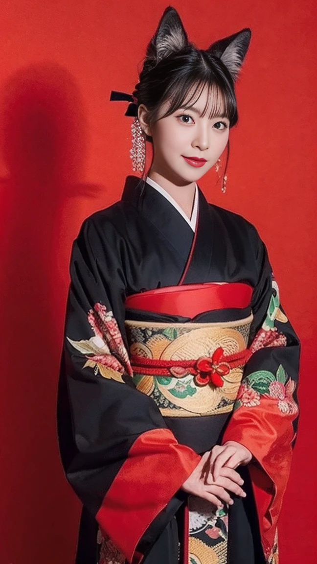 Highest quality、Sacred black fox in kimono、Red background、Halo