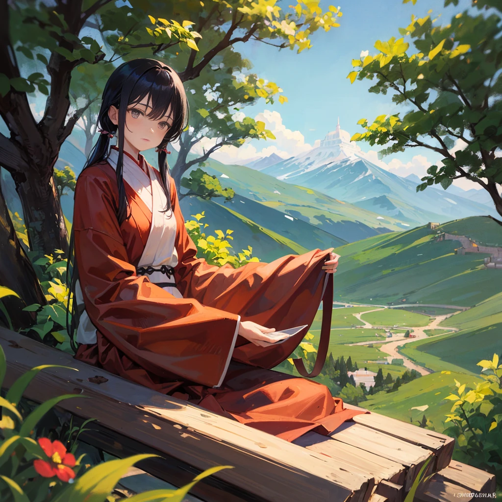 Tibetan monk, Tibetan dress, straight-faced photo. meditating, under a tree, on a high mountain, behind are mountains big and small as far as the eye can see, calm, heal the mind. , Sitting cross-legged