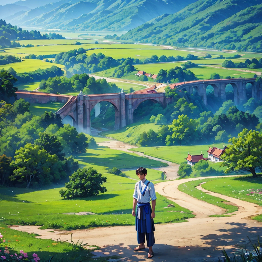 A man is standing on a broken bridge near a village. He has dark eyes, wearing white color shirts and blue color longyi in Myanmar traditional custom. At the background, there is a village, mountain, trees, flowers. realistic quality, beautiful scenery 