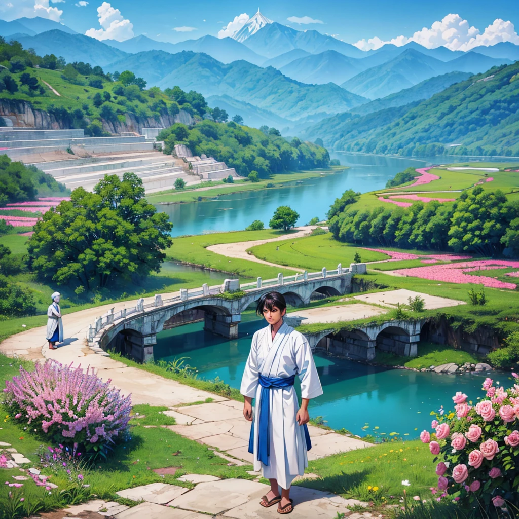 A man is standing on a broken bridge near a village. He has dark eyes, wearing white color shirts and blue color longyi in Myanmar traditional custom. At the background, there is a village, mountain, trees, flowers. realistic quality, beautiful scenery 