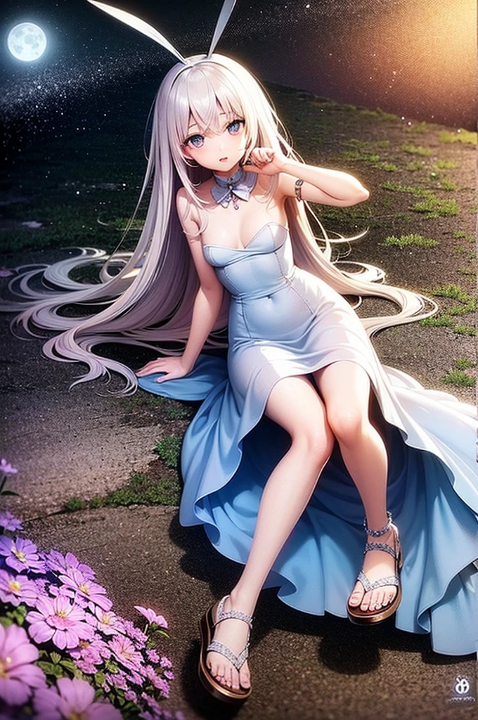 Alice (in wonderland), pretty girl (appealing), fly away, delicate and graceful body, slim, soft and charming look, Feminine clothes (long white and flowery dress, bunny ears, sandals, in the forest at night, full moon visible in the background, 8K, best qualityer, realistic anime style, RPG