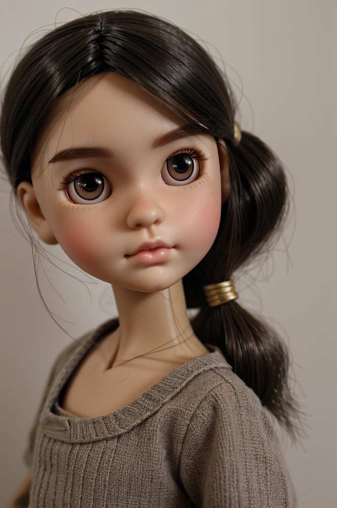 Blythe doll, chubby girl, round face, brunette, Mole under the right eye, dark brown eyes and a LITTLE slanted, straight black hair, thick lips, hair tied