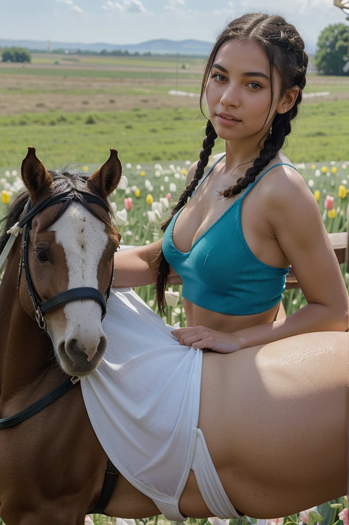 A girl with blue angel wings, riding a horse on the steppe, mouth open, sunlight shining on her face, eyes looking at the boy in front, her hair studded with tulips, her skin as white as peeled eggs, her hair long black braids, with large, seductive breasts. wearing a white thong and a green tank top, posing, surrounded by a vast prairie and grazing horses.