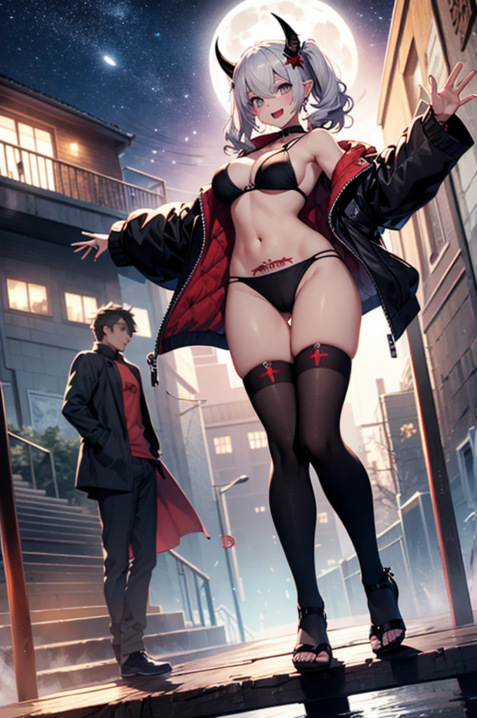 1girl, breasts, solo, highleg, thighhighs, long hair, navel, looking at viewer, smile, blue eyes, open mouth, ass visible through thighs, two side up, head wings, cameltoe, stomach, armpits, red thighhighs, :d, standing, fang, bare shoulders, arm up, bangs, revealing clothes, thighs, blush, outdoors, black bikini, highleg bikini, full moon, highleg panties, moon, medium breasts, skindentation, demon girl, high heels, underwear,
white hair, bikini, large breasts, very long hair, swimsuit, night, toes, off shoulder, hair ornament, cleavage, full body, open clothes, choker, wings, jewelry, wristband, hand up, toeless legwear, earrings, grey hair, skin fang, panties, groin, sandals, wide sleeves, bracelet, detached sleeves, bridal legwear, demon wings, bra, feet, from below, thigh boots, horns, sidelocks, jacket, open jacket, sky, black panties, long sleeves, legs, black bra, purple eyes, boots, dutch angle, twintails, wing hair ornament, cross, stirrup legwear, hair between eyes, partially visible vulva, fangs, red footwear, coat, floating hair, open coat, pointy ears, toeless footwear, demon horns, halloween, vampire, pelvic curtain, toenails, midriff, building, black footwear, string bikini, black choker, covered nipples, stairs, indoors, bat wings, breasts apart, detached collar, bat hair ornament, demon tail, night sky, lantern, ruins, red bikini, cloud, v-shaped eyebrows, simple background, white background, string panties, contrapposto, black jacket, +_+, sideboob, robe, cross earrings, watermark, crossed bangs, shoes, pubic tattoo, waving, collarbone, outstretched arm, thong, toenail polish,