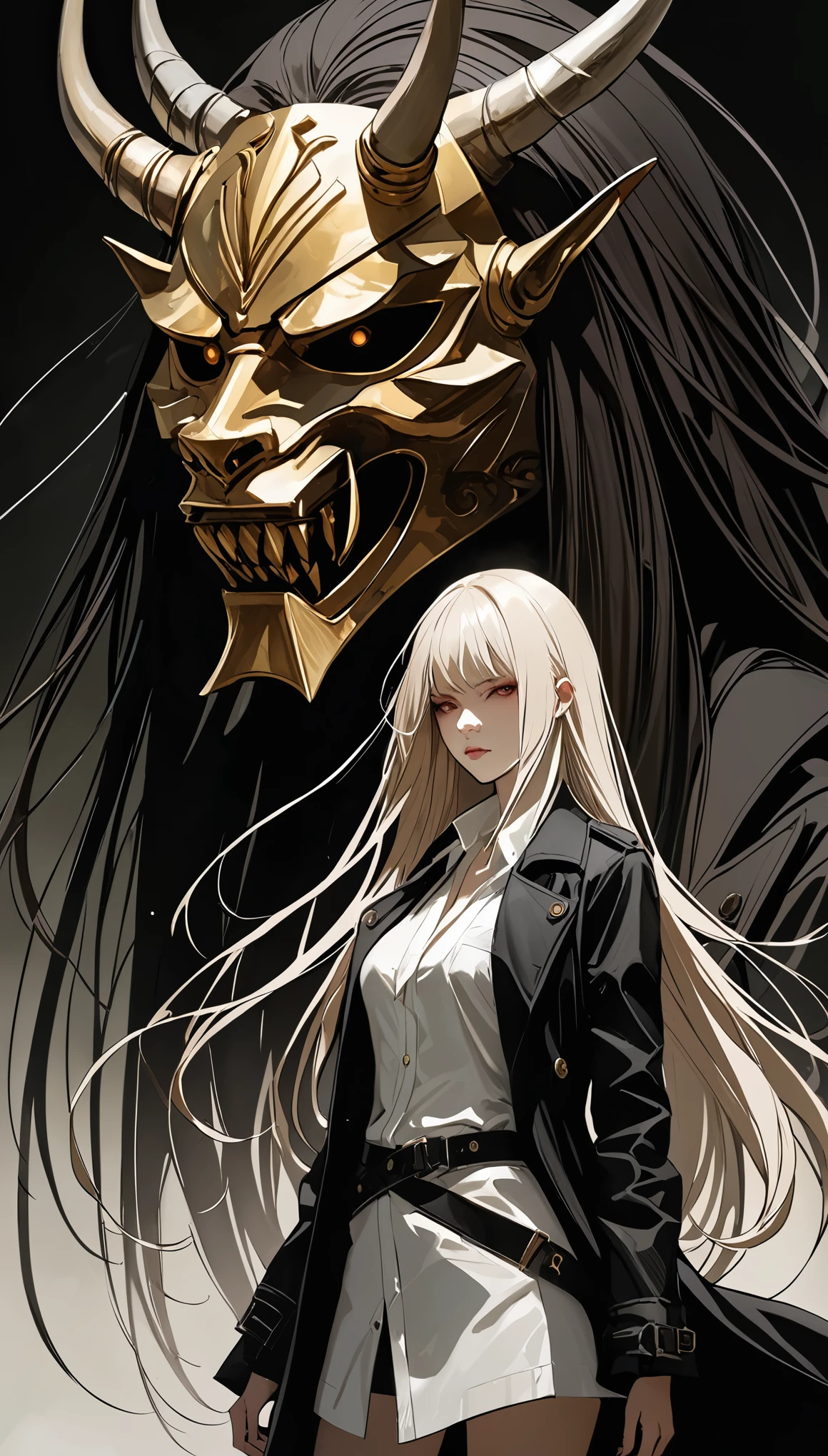 in style of Ashley Wood,in style of Santiago Caruso,
((masterpiece, best quality)),(illustration),(detailedLight),((Extremely exquisite and beautiful)),1 Girl,Black long trench coat,White shirt,Long hair,Silver long hair,Dark shadows,oni_mask,