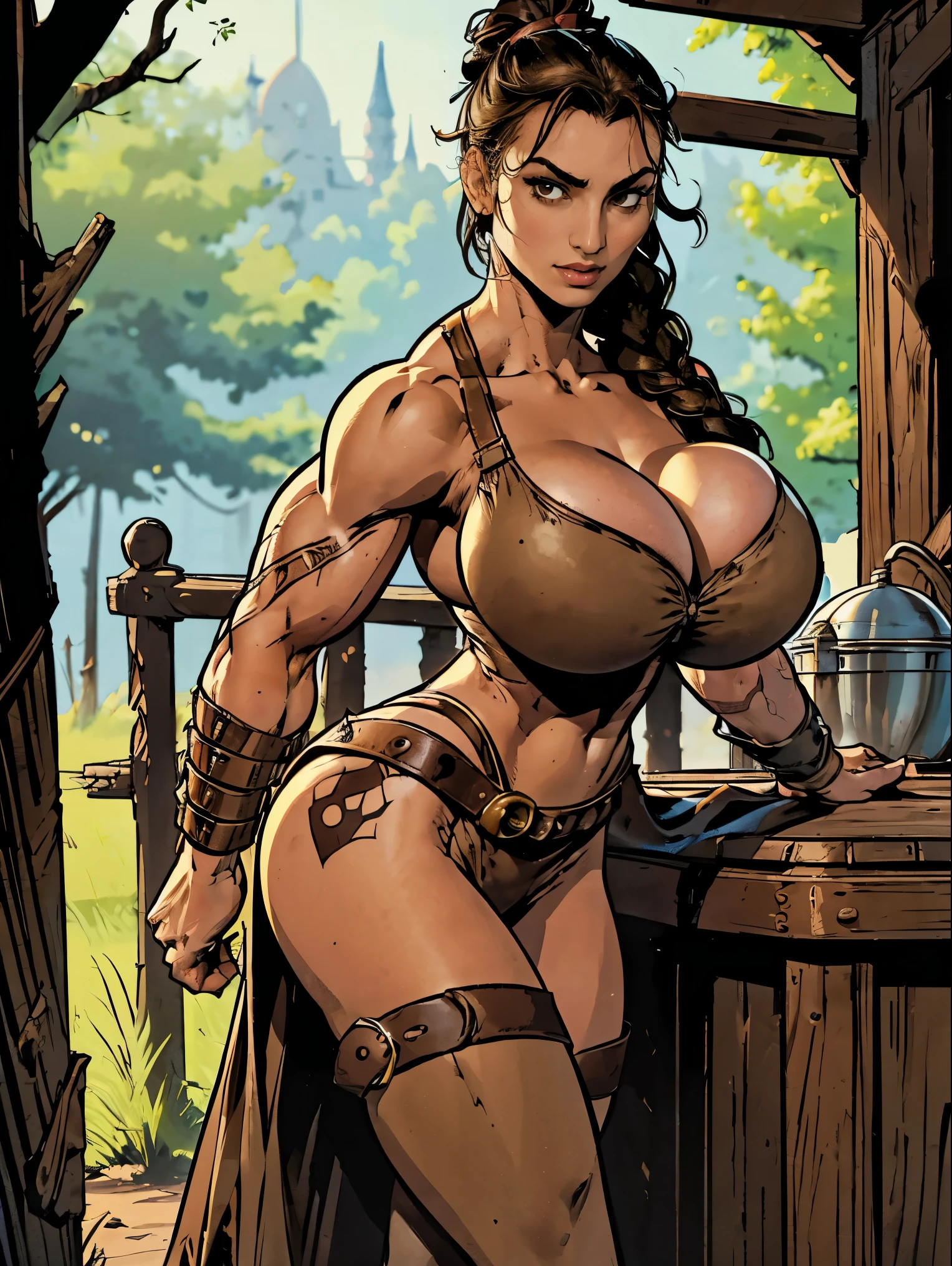 (masterpiece, top quality, best quality, official art, beautiful and aesthetic:1.2), (1girl:1.3), dark brown hair pulled back, topknot, braids, extremely detailed, portrait, looking at viewer, solo, (full body:0.6), detailed background, close up, facepaint, tribal tattoos, (warm summer Africa theme:1.1), view from below, seven feet tall, buff and busty giant barbarian queen, elegant face, long face, charlatan, smirk, mysterious, walking in savannah, revealing tribal attire, bare midriff, brown leather, fur lined clothes, long boots, buckles, straps, pouches, axes, tan fabric, brown leather, ((((gigantic breasts, skindentation, cleavage, flexing muscles)))), (muscular), strong, cute belly button, toned tummy, slim waist, slim hips, long legs, muscular legs, (savannah exterior:1.1) background, dark mysterious lighting, shadows, magical atmosphere, dutch angle