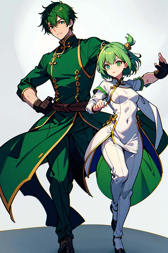 Green Hair、Her hair is short、small breast、upright stance、full body、Fighter、male、Uniform、Chinese Knight、Chinese style、White background、No exposure、China dress、pants、band、front、White clothes、Kung Fu