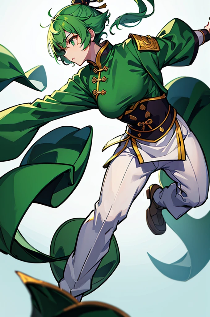 Green Hair、Her hair is short、small breast、upright stance、full body、Fighter、male、Uniform、Chinese Knight、Chinese style、White background、No exposure、China dress、pants、band、front、White clothes、Kung Fu