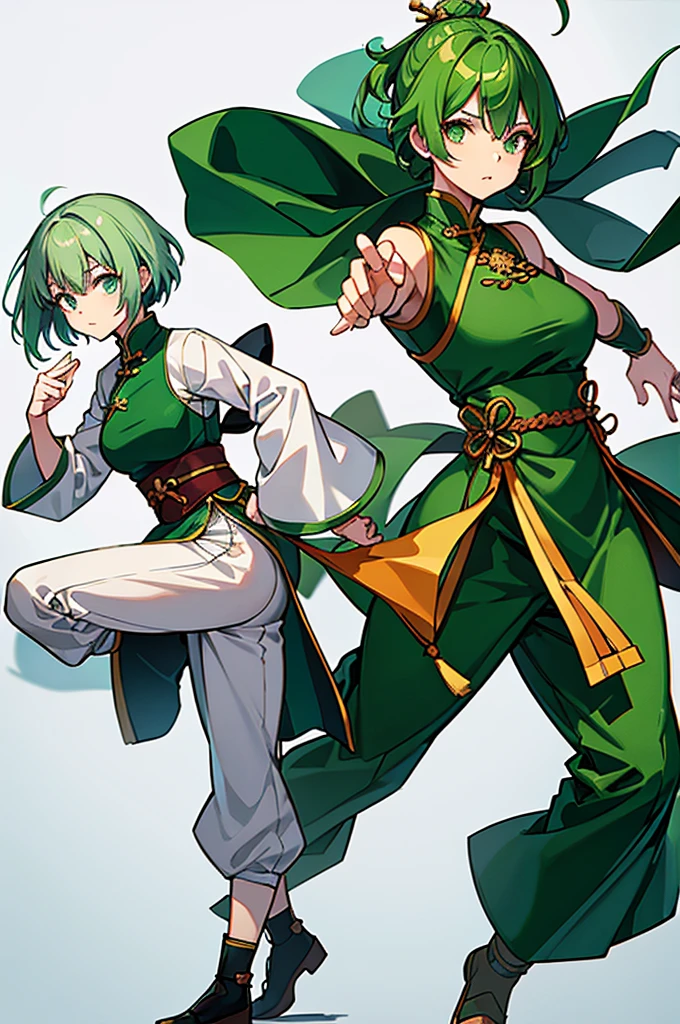 Green Hair、Her hair is short、small breast、upright stance、full body、Fighter、male、Uniform、Chinese Knight、Chinese style、White background、No exposure、China dress、pants、band、front、White clothes、Kung Fu