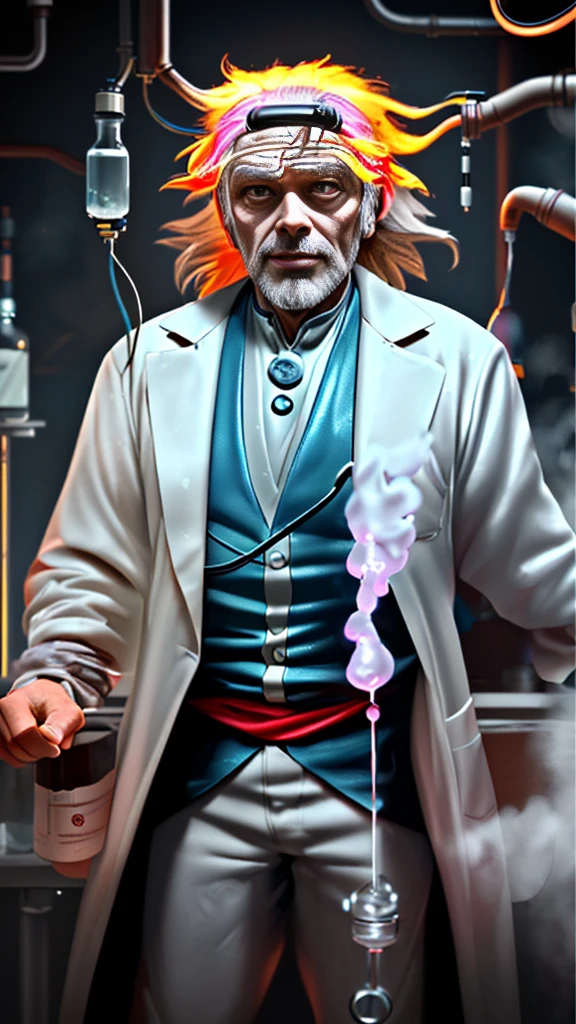 (Eccentric mad scientist:1.3), (Doc Brown-meets-Sean Connery appearance:1.2), wild grey hair, intense eyes, distinguished beard, lab coat, (bubbling colorful potions:1.2), (crackling Tesla coils:1.2), cluttered laboratory, dimly lit atmosphere, ambient blue glow, cinematic composition, volumetric fog, ray tracing, photorealistic textures, depth of field