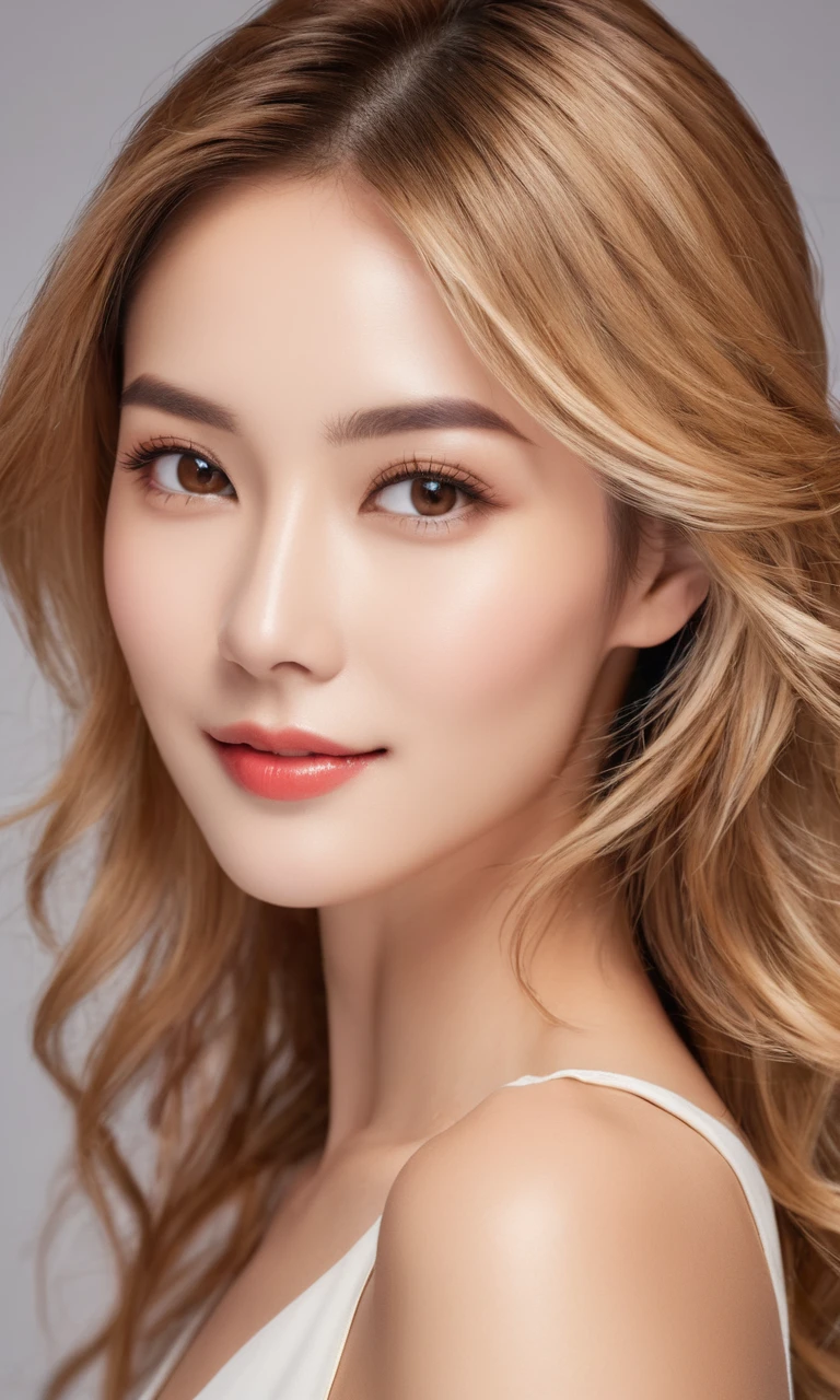 Portrait of a beautiful woman with the following characteristics:
- Light blonde、Straight style、Long - Big, expressive eyes with natural makeup、Highlighted with eyeliner and mascara - high cheekbones and straight nose、Three-dimensional, exotic features - Healthy, bronze skin - Stylish fashion that mixes casual and elegant - Calm, gentle smile