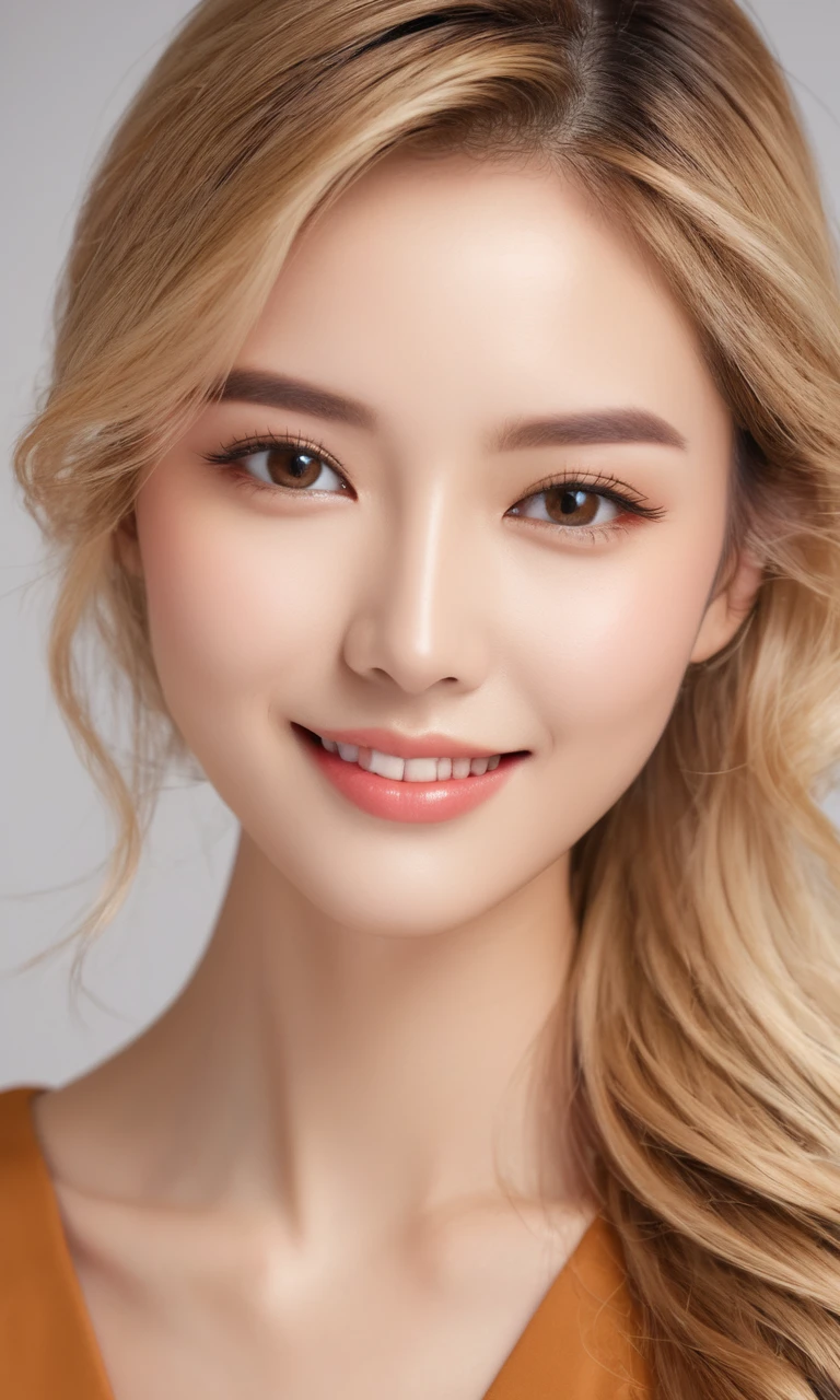 Portrait of a beautiful woman with the following characteristics:
- Light blonde、Straight style、Long - Big, expressive eyes with natural makeup、Highlighted with eyeliner and mascara - high cheekbones and straight nose、Three-dimensional, exotic features - Healthy, bronze skin - Stylish fashion that mixes casual and elegant - Calm, gentle smile