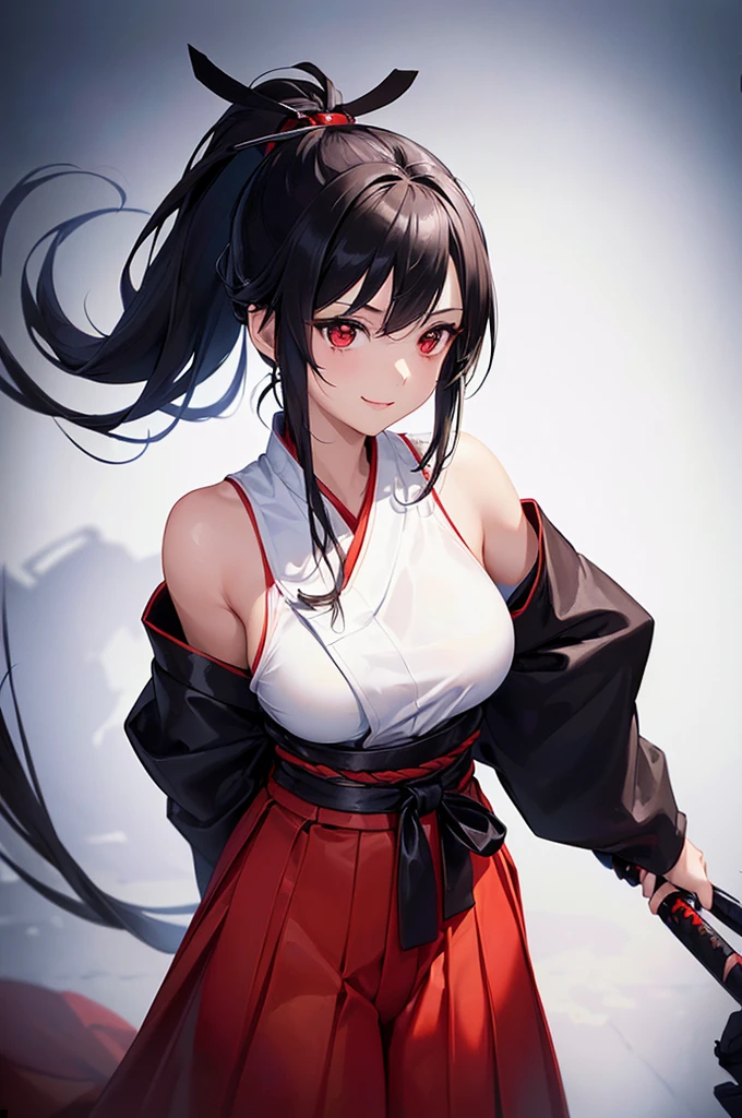 (masterpiece; best quality: 1.2), (finely detailed eyes: 1.3), ((25 year old woman)), ((solo)), (red eyes: 1.4), (body; lithe, toned, femenine: 1.3), (black hair in ponytail: 1.3), (beautiful and clear background: 1.2), ((depth of field)), (clothes: samurai attire + black-and-white hakama + red sash: 1.3), (anime illustration: 1.2), (background; old japanese castle exterior + night time: 1.1), (extremely fine and beautiful: 1.1), (shot composition; standing + centered on torso + close-up: 1.5), (expression; calm, smile: 1.2)