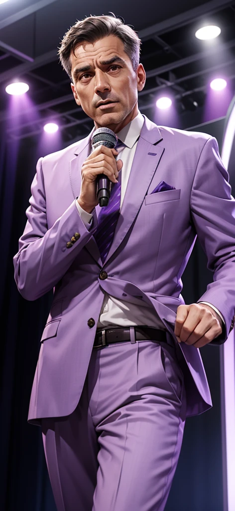 Create an image of a middle-aged man wearing a light purple suit, standing confidently at a podium and speaking into a microphone as if engaging in a debate or delivering a persuasive speech. Capture the intensity and passion of a debater type, with the podium and microphone emphasizing the public speaking aspect.