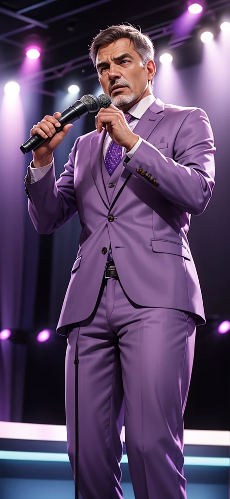 Create an image of a middle-aged man wearing a light purple suit, standing confidently at a podium and speaking into a microphone as if engaging in a debate or delivering a persuasive speech. Capture the intensity and passion of a debater type, with the podium and microphone emphasizing the public speaking aspect.