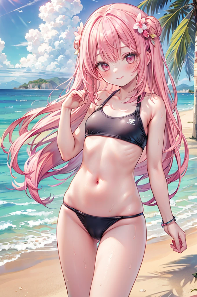 masterpiece, best quality, nsfw, 
1girl, sunburn marks on school swimsuit, 
bare breasts, navel, 
pink hair, smile, 
beach,