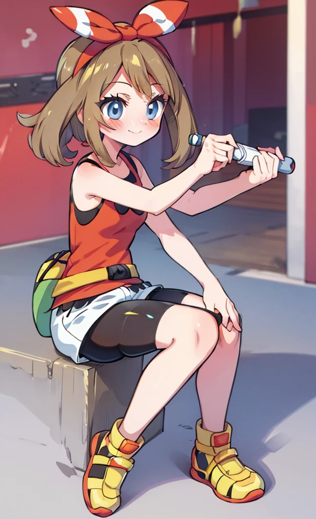 masterpiece,Highest quality,1 Girl,alone,Pokémon-like art style, may \(pokemon\), red shirt, tank top, headband, bow, white shorts, bike shorts under shorts, smile, sitting, yellow footwear, full body ,(Blushing:1.2)