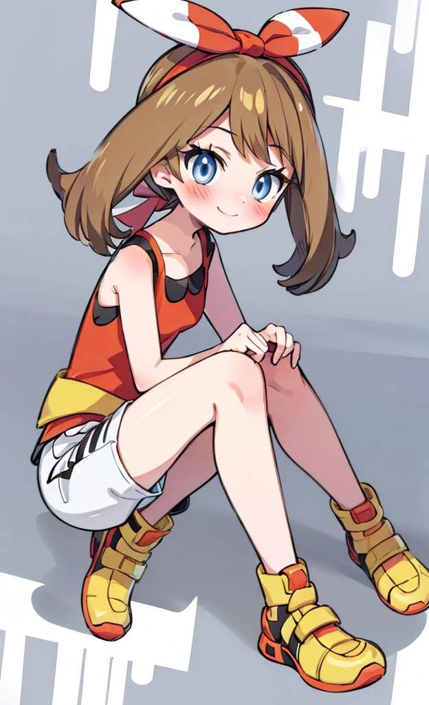 masterpiece,Highest quality,1 Girl,alone,Pokémon-like art style, may \(pokemon\), red shirt, tank top, headband, bow, white shorts, bike shorts under shorts, smile, sitting, yellow footwear, full body ,(Blushing:1.2)