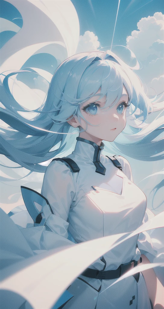 masterpiece, best quality, movie still, 1girl, floating in the sky, cloud girl, cloud, (close-up:1.1), bright, happy, fun, soft lighting, (Bauhaus, shapes, lines, abstract:1.1)