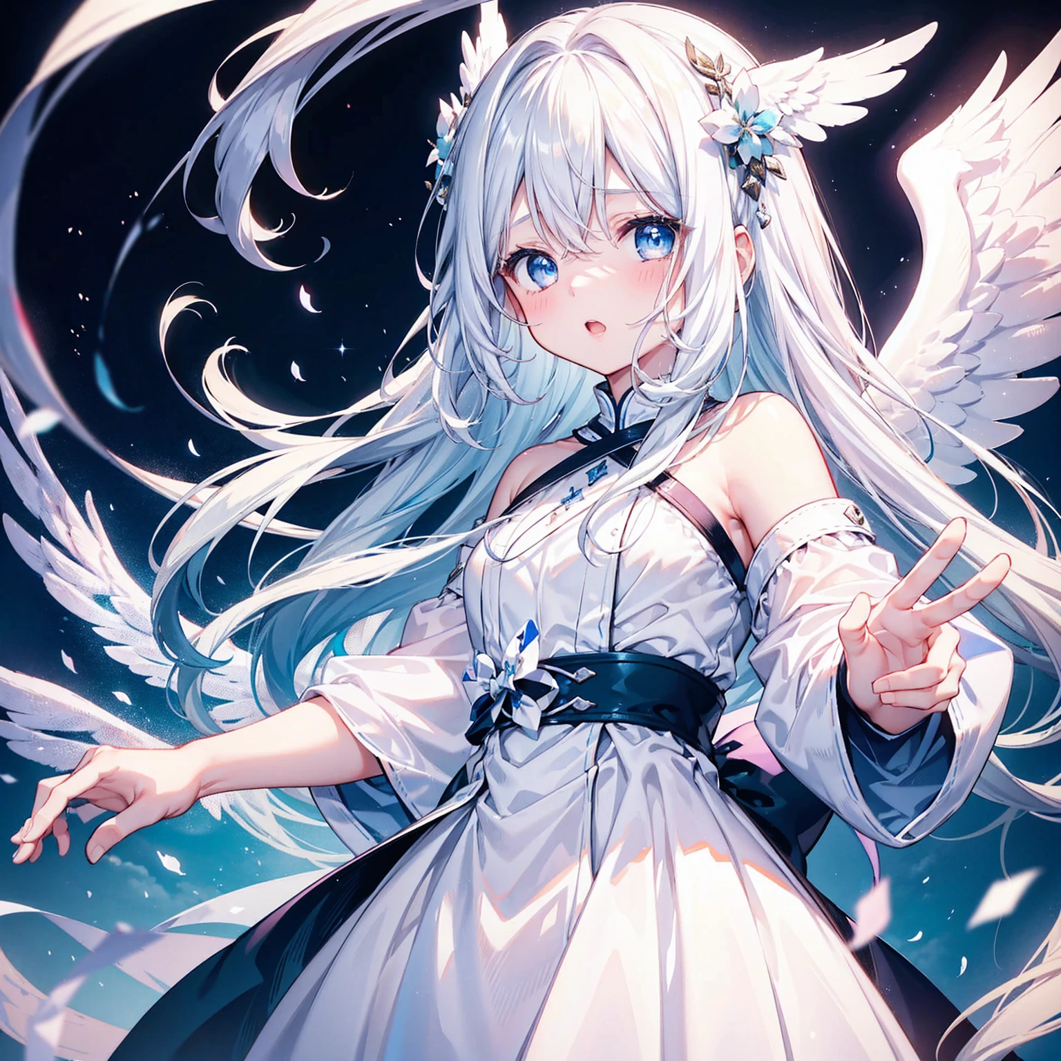 A pretty, cute girl with long white hair and blue eyes、14 Talents、Angel wings on the back、a!" I realized, my mouth wide open and my eyes wide open.、comical、Bright expression、A pure white dress, a current trend