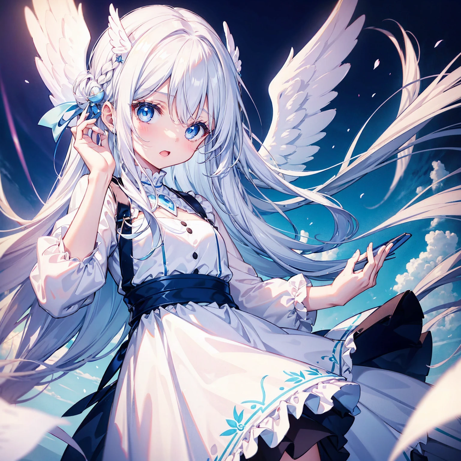 A pretty, cute girl with long white hair and blue eyes、14 Talents、Angel wings on the back、a!" I realized, my mouth wide open and my eyes wide open.、comical、Bright expression、A pure white dress, a current trend