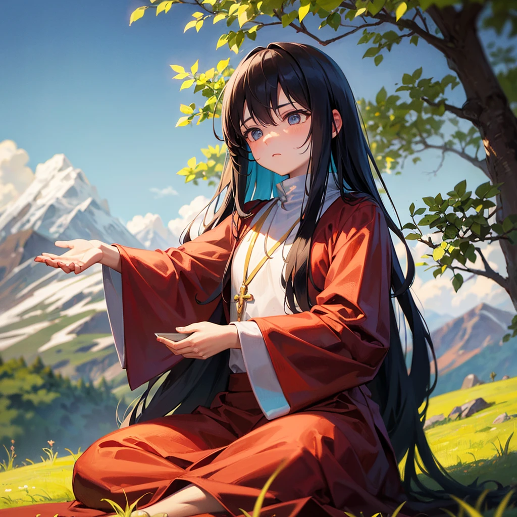 Tibetan man monk, Tibetan dress, straight-faced photo. meditating, under a tree, on a high mountain, behind are mountains big and small as far as the eye can see, calm, heal the mind. , Sitting cross-legged