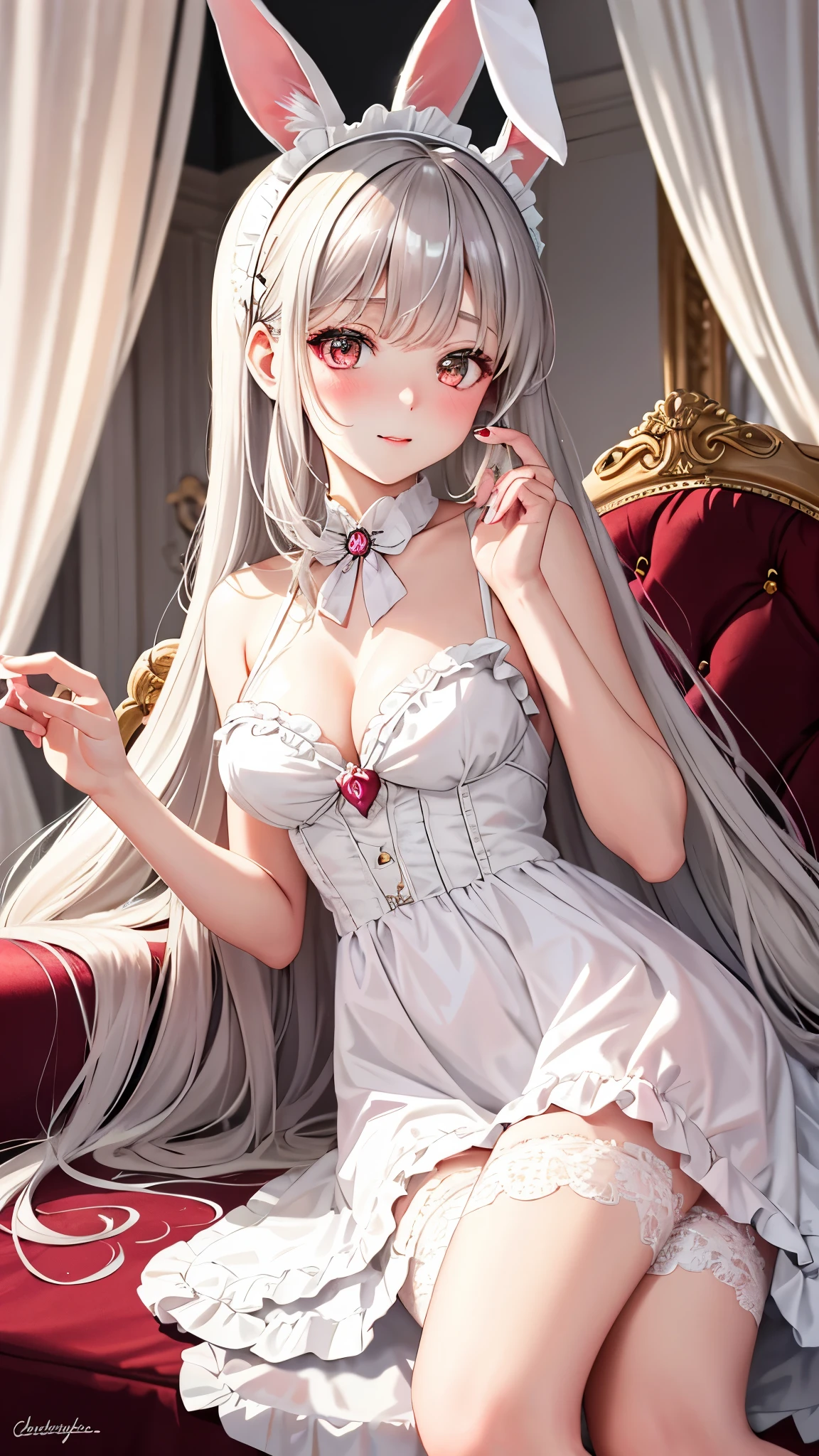 Exquisitely designed, with an ethereal and shy demeanor, the enchanting anime Lolita bunnygirl demoness princess gracefully adorns her aristocratic bed. The bed, a symbol of her mysterious Ness, is adorned with delicate patterns and intricate details, reflecting the princess's refined taste. Her shiny, silver hair cascades down her back, framing her beautiful, almond-shaped eyes and detectable blush on her shinny skin. She wears a classic Lolita dress with a bunny ear headband, adding a playful touch to her regal appearance. The room is filled with soft, warm light, casting beautiful shadows on