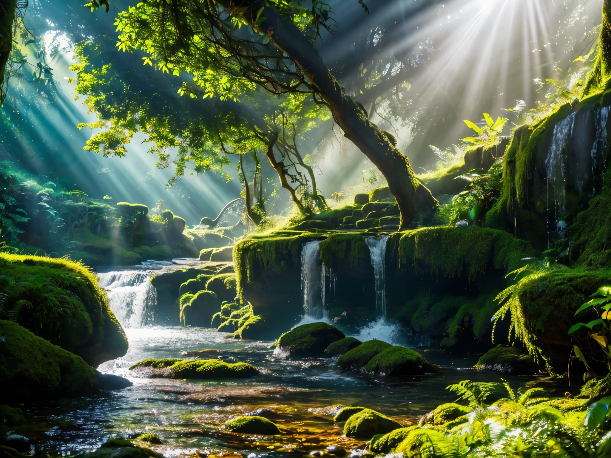 A lush, verdant jungle with a majestic waterfall cascading down rocky cliffs, surrounded by dense foliage and ancient trees, sunlight filtering through the canopy, creating a serene, awe-inspiring natural landscape, (best quality,4k,8k,highres,masterpiece:1.2),ultra-detailed,(realistic,photorealistic,photo-realistic:1.37),lush jungle, detailed waterfall, mossy rocks, ancient trees, sun rays, dramatic lighting, intricate details, vibrant colors, stunning scenery