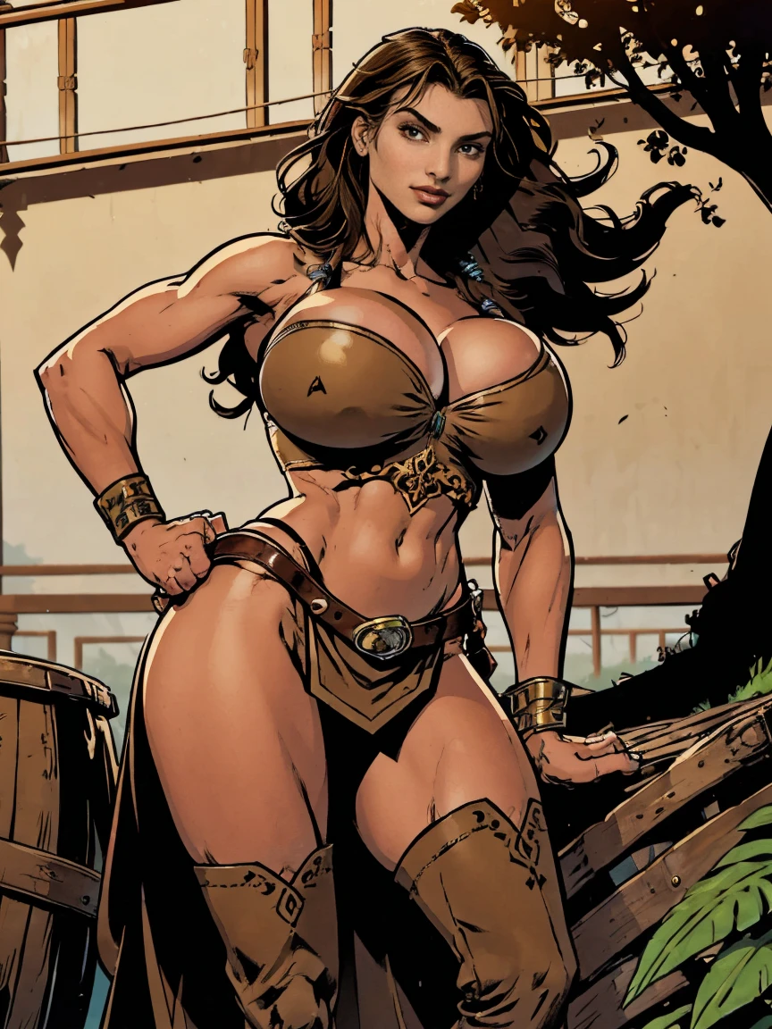 (masterpiece, top quality, best quality, official art, beautiful and aesthetic:1.2), (1girl:1.3), dark brown hair pulled back, topknot, braids, extremely detailed, portrait, looking at viewer, solo, (full body:0.6), detailed background, close up, facepaint, tribal tattoos, (warm summer Africa theme:1.1), view from below, seven feet tall, buff and busty giant barbarian queen, elegant face, long face, charlatan, smirk, mysterious, walking in savannah, revealing tribal attire, bare midriff, brown leather, fur lined clothes, long boots, buckles, straps, pouches, axes, tan fabric, brown leather, ((((gigantic breasts, skindentation, cleavage, stretching, flexing)))), (flexing muscles, muscular), strong, cute belly button, toned tummy, slim waist, slim hips, long legs, muscular legs, (savannah exterior:1.1) background, dark mysterious lighting, shadows, magical atmosphere, dutch angle