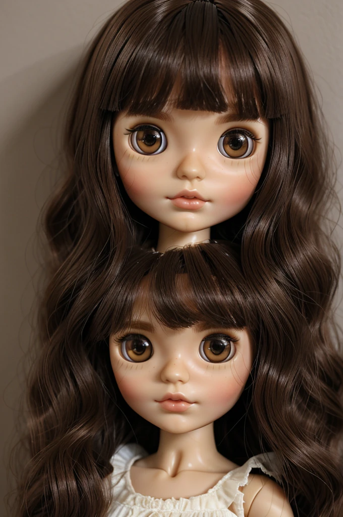 Create a picture of a Blythe doll with dark brown wavy hair, fringe and dark brown almond-shaped eyes