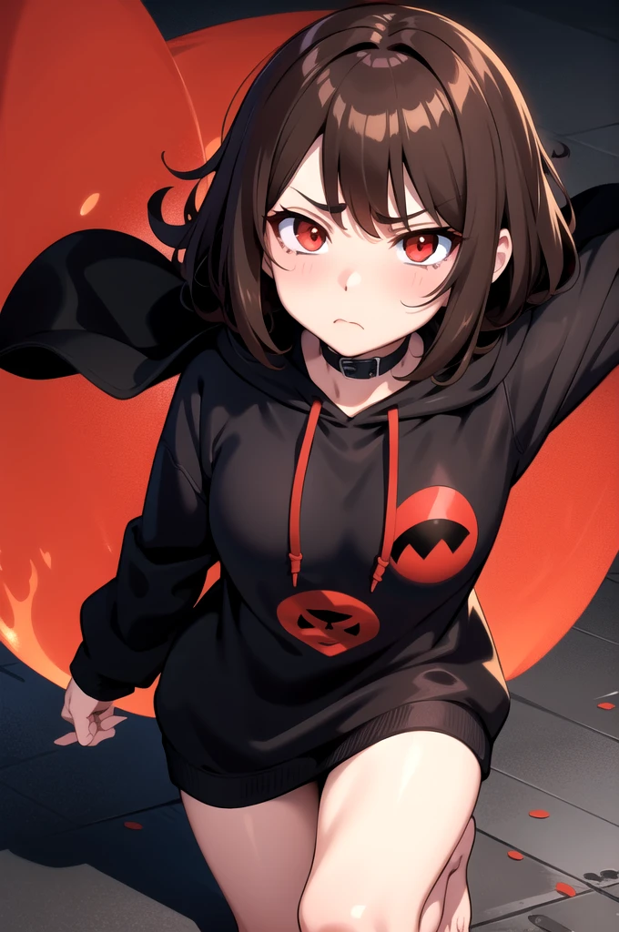 Brown hair. Anime girl. Red eye. Frowning. Black hoodie