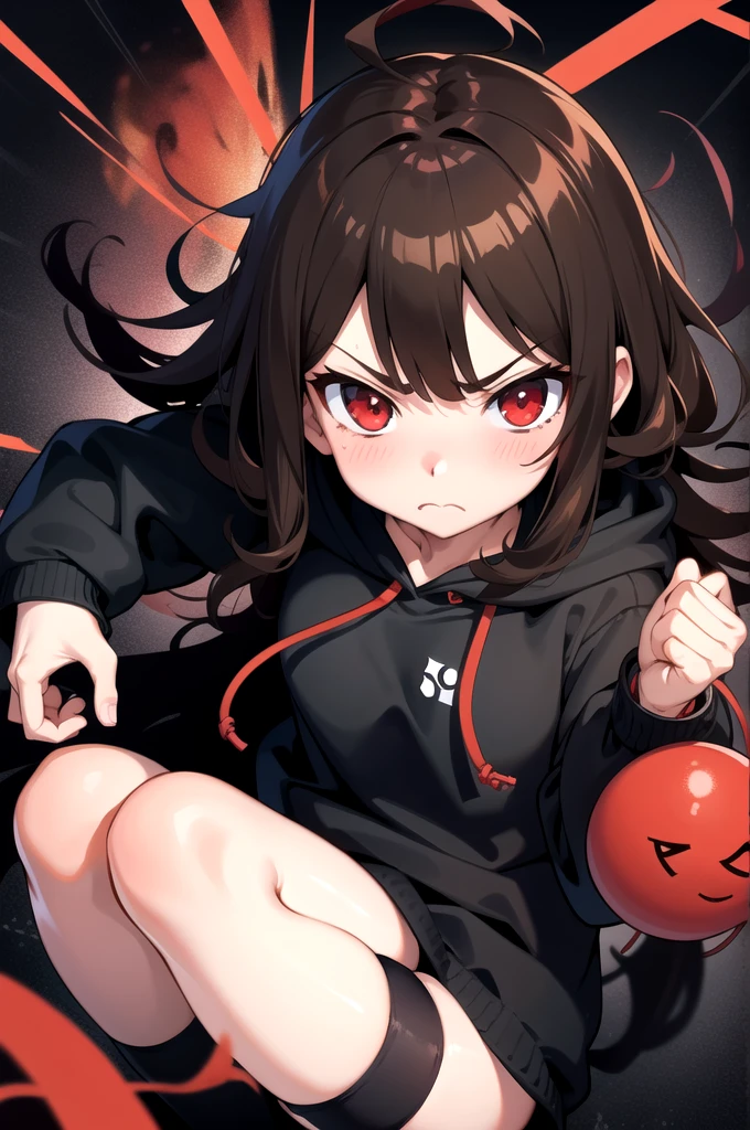 Brown hair. Anime girl. Red eye. Frowning. Black hoodie