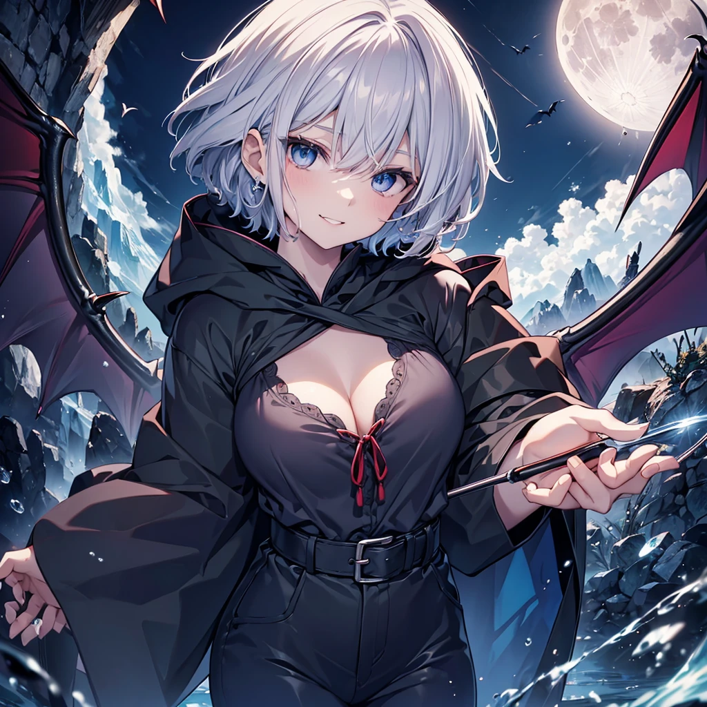 ((((vampire　inflammation))))　(((Gray Hair　short hair　blue eyes　woman　Center close-up　wine glass)))，((night　full moon　My own big wings　Town))，(Wearing a hood　Black camisole　Purple light　Wearing a cloak)，　Creepy Smile　Showing teeth　Shining Background　Shining Edges