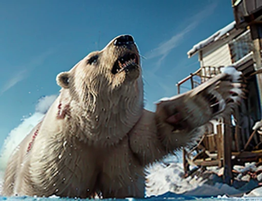 A frontal image of the moment of a polar bear attack on Expectador . The polar bear attacks the spectator with his binges, the bear is furious . Animal rage rage