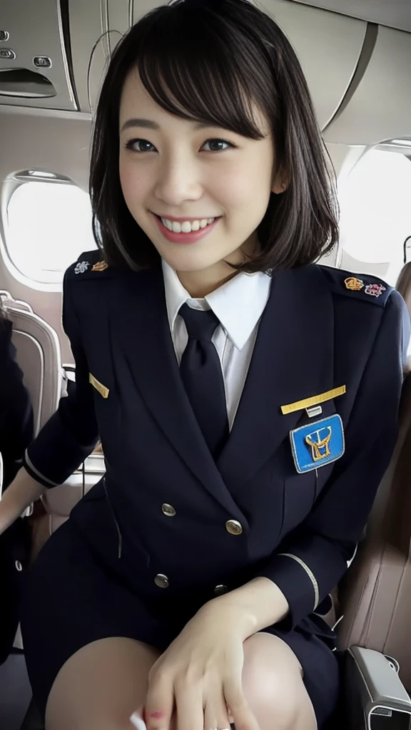 ((masterpiece, best quality)), beautiful 30-year-old Japanese woman (black hair, wavy hair, square face), (small breasts), (curvy, muscular body), (natural skin), (plunging stewardess uniform:1.3), (seductive expression:1.2), (smile), jewelry, dynamic, short skirt, standing, glamorous body, perfect legs, thick legs, beautiful legs, empty passenger plane cabin background, (UHD, 8K wallpaper, High resolution), cinematic lighting, physically-based rendering, award-winning, extremely detailed skin, extra detailed face, high detail eyes, high heels, Carl Zeiss 85 mm F/1.4, by Ellen von Unwerth