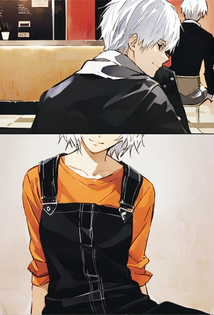 ```
ken kaneki, Tokyo Ghoul, white hair, black outfit, half-ghoul, serious expression,Smile 、黒のオーバーオール、白のシャツHigh Quality、Overall view、Uplifting、Peaceful everyday life、Inside the cafe、Sitting

```